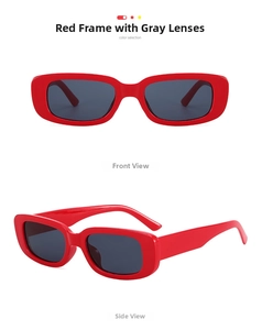 Detail view of retro rectangle sunglasses with a vibrant red frame and dark grey lenses