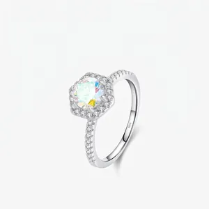 925 Sterling Silver Hexagon Halo Ring With Multicolor Round Zirconia Inlaid Fashion Light Luxury Finger Rings For Women