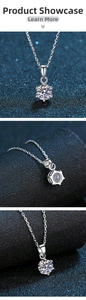 Detailed views of classic six-prong S925 silver necklace with round moissanite pendant