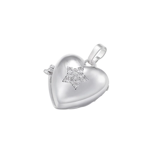 Close-up of heart-shaped silver locket with crystal-embedded star design on white background