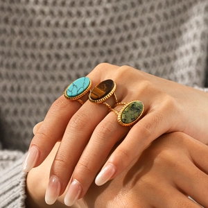 Vintage gold stainless steel rings set with turquoise and tiger eye stones for women