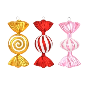 Three assorted glitter Christmas candy ornaments in gold, red, and pink for tree decor