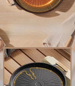 Macro detail of round non-stick grill pan with functional zones for meat and vegetables