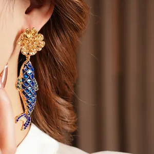 Vintage gold flower and blue koi fish drop earrings for brides and special events