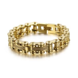 Golden stainless steel bicycle chain bracelet with industrial wire rope design