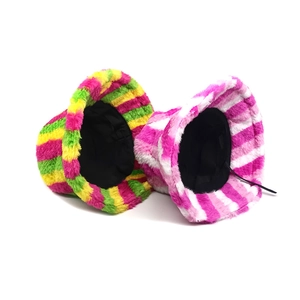 Rainbow fuzzy faux rabbit fur bucket hat with warm plush stripes and adjustable inner lining