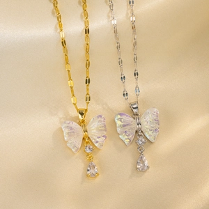 Butterfly Bow Pendant Necklace Titanium Steel With Iridescent Shell Texture And Teardrop Zircon Ins Style For Women