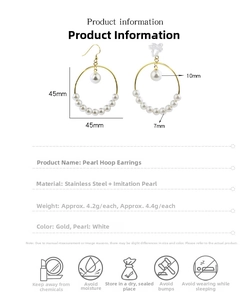Detail view of 45mm stainless steel gold hoop earrings with white faux pearls and dimensions