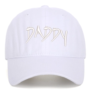 Close-up of DADDY 3D embroidery on a white washed cotton twill baseball cap detail