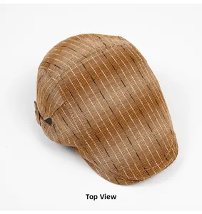 Top view of striped ivy cap showing textured brown fabric and metal buckle detail
