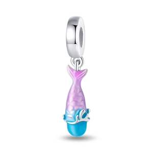 Detailed view of silver mermaid tail charm with gradient pink and blue enamel