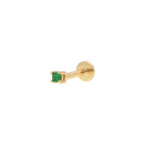 Detailed macro view of a 925 silver gold stud with a claw-set green gemstone and flat back