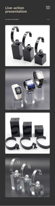 Black and clear acrylic watch display stands with C-shaped ring holders and square bases
