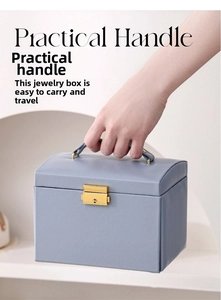 Close-up of a blue 3-layer jewelry box showing the sturdy handle for easy portability