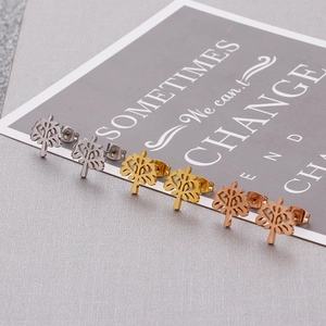 Three-color tree of life stud earrings in silver, gold and rose gold stainless steel
