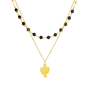 Zweilagige Goldkette mit schwarzen Perlen und Kaktus-Anhänger auf weißem Hintergrund