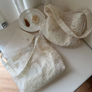 French lace embroidered cotton tote bags in white and cream with floral textures