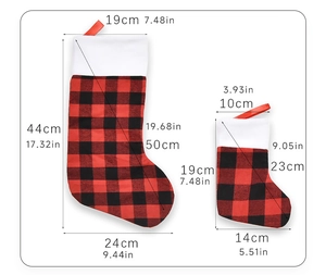 Detailed dimension chart for red and black buffalo plaid Christmas stockings in two sizes