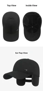 Detail view of winter baseball cap showing interior lining, top view and fold-down earflaps