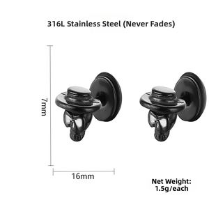 Macro shot of 316L stainless steel skull stud earrings with size 16mm and weight 1.5g