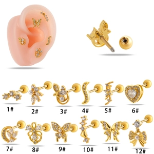 Golden cartilage stud earrings set with butterfly and heart zircon designs in 12 styles