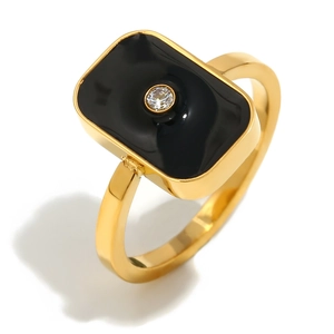 Minimalist 18K gold plated stainless steel ring with black enamel and center zircon stone