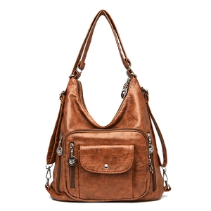 Vintage brown PU leather multi-pocket backpack and shoulder bag with adjustable straps