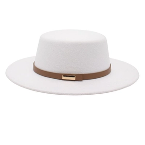 Elegant white flat top wool felt boater hat with a leather strap and gold buckle