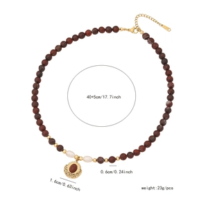 Detail showing natural stone beaded necklace with dimensions and weight measurements