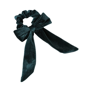 Elegant dark green velvet bow hair scrunchie with long ribbons for women