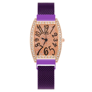 Rose gold tonneau watch with purple magnetic strap and diamond-encrusted bezel