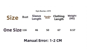 Size chart for colorful striped cardigan showing chest, sleeve, and length measurements