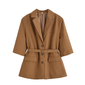 Women's brown short sleeve blazer and shorts set with waist tie and notched lapels
