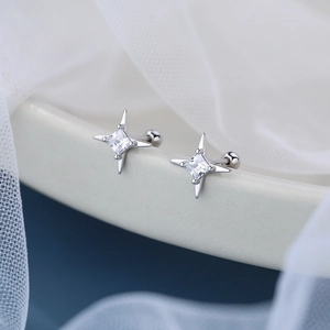 925 Sterling Silver Four-pointed Star Stud Earrings Square Zirconia Inlaid Minimalist Screw Back Earrings For Women Jewelry