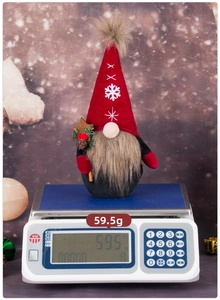 Christmas gnome plush doll weight measurement of 59.5g showing snowflake embroidery details