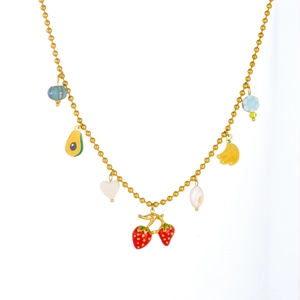 Golden bead chain necklace featuring strawberry banana and avocado enamel pendants