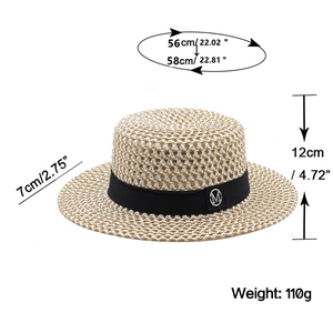 Straw boater hat with black ribbon and M crystal logo for sun protection on vacation