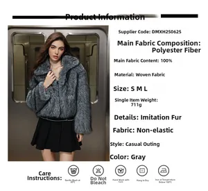 Détails de la texture fausse fourrure et col à revers d'une veste grise pour femme