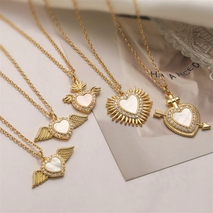 Copper Pendant Necklace Heart Sacred Heart Wings With Mother Of Artificial Pearl And Zirconia Vintage Fashion Jewelry For Women
