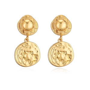 Retro geometric gold plated copper drop earrings with sunburst and coin patterns