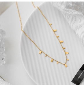 Detail of a gold titanium necklace with small rectangular pendants on a white ceramic plate
