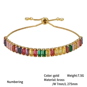 Adjustable gold brass bracelet with rainbow gradient zircon gemstones and 7mm width
