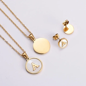 18k gold plated stainless steel necklace and earrings set with shell letter A