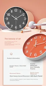 Detail view of silent wall clock featuring eco-friendly frame and ABS backboard