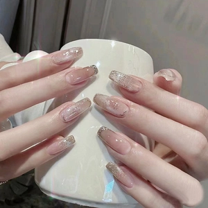 Marble Pattern Press On Nails Long Coffin Fake Nails Silver Glitter Gradient Nude Artificial Finger Nails For Women