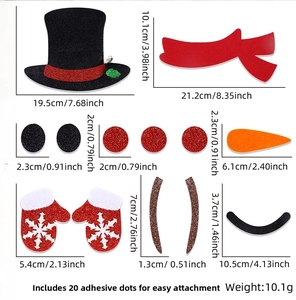 Size chart showing dimensions for felt snowman door stickers and party accessories