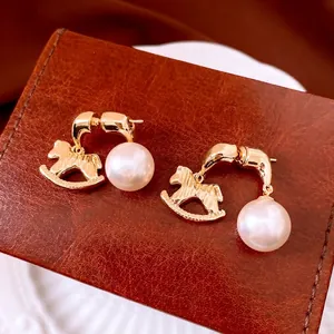 Rocking Horse Drop Earrings With Faux Artificial Pearl And Silver Earring Post Vintage Luxury Fashion Jewelry For Women