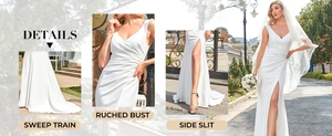 Detail view of white satin wedding dress showing ruched bust and side slit with sweep train