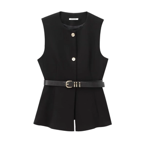 Gilet long sans manches noir chic avec col rond, ceinture en cuir et boutons d'or