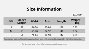 Detailed size chart for cut-out long sleeve jumpsuit with measurements in centimeters